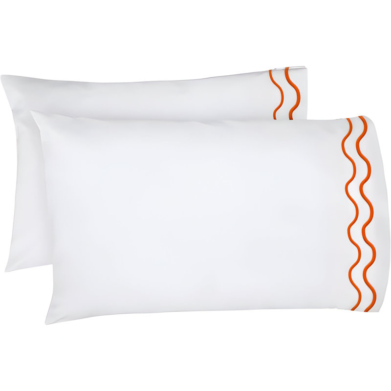 400TC Double Wavy Embroidered Cotton Pillowcases (Set Of 2), White/Orange, 20"H x 36"W