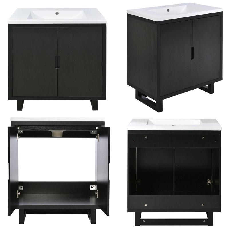Ensemble de meuble-lavabo 30 po avec lavabo en résine, armoire en bois massif avec portes à fermeture en douceur, pieds en bois massif, rangement sous le comptoir, trou de robinet simple, style transitionnel pour petite salle de bain
