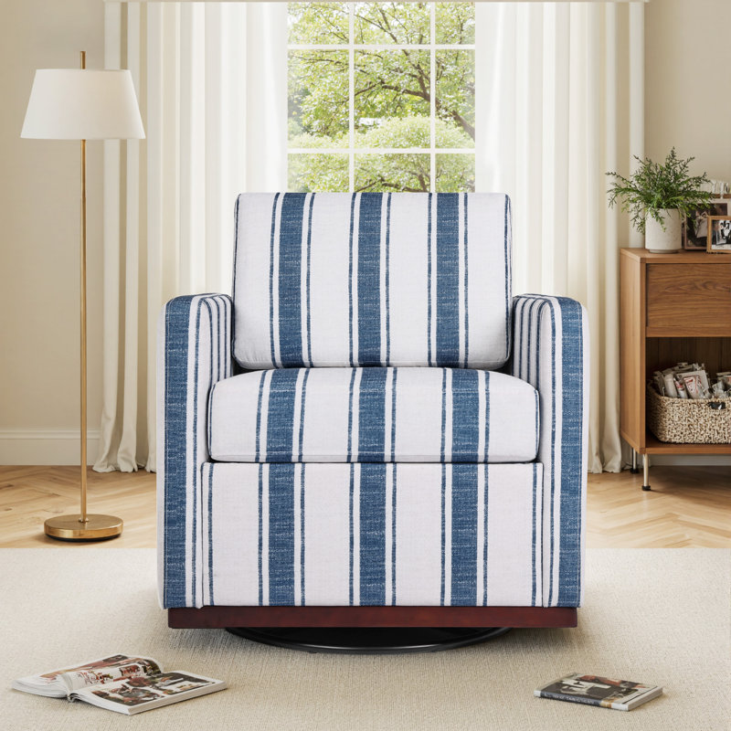 Upholstered Swivel Armchair, Stripe Dark Blue Cotton Blend