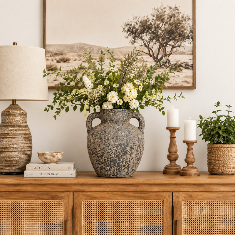 Vase de table rustique en terre cuite texturée avec poignées, idéal pour une entrée ou comme élément décoratif sur une étagère - Grand vase contemporain pour le salon ou la décoration intérieure - 33 cm