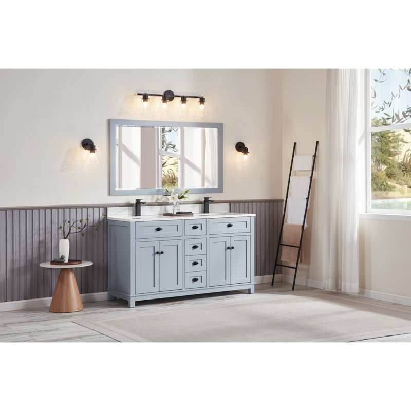 60" Finish Solid Wood Sink Vanity With 1' Artificial Stone Top, Black, Cadet
