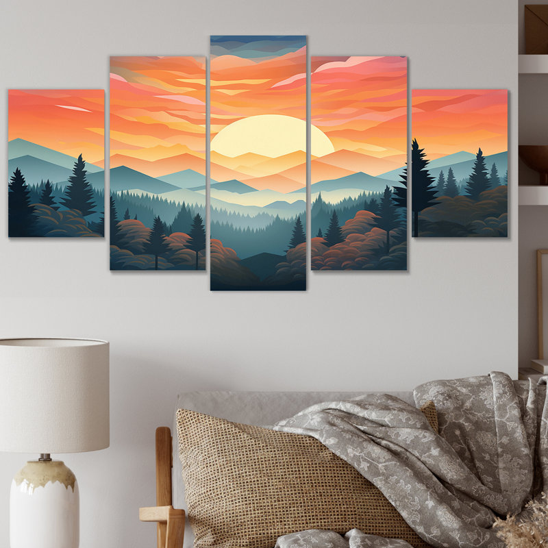 Mountain Forest Daydream's Peaceful Sunset - Paysage de montagnes, art mural, salon - 5 panneaux