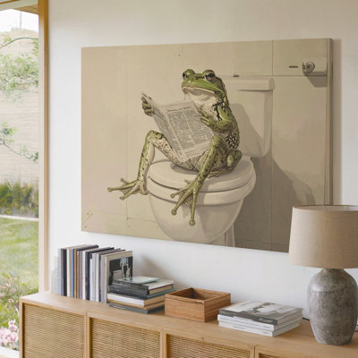 A Frog Sitting On A Toilet Holding A Newspaper While Reading It The Frog Is Sitting Canvas Wall Art Premium Quality Ready To Hang Modern