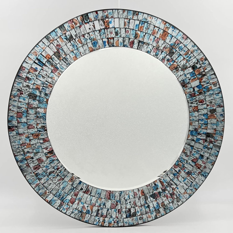 Zorigs Mosaic Mirror, Wall Art Décor – 24” Round Handcrafted Decorative Wall Mirror, Silver, Sky Blue, and Maple Brown Mosaic Tiles with Embedded Imperial Design