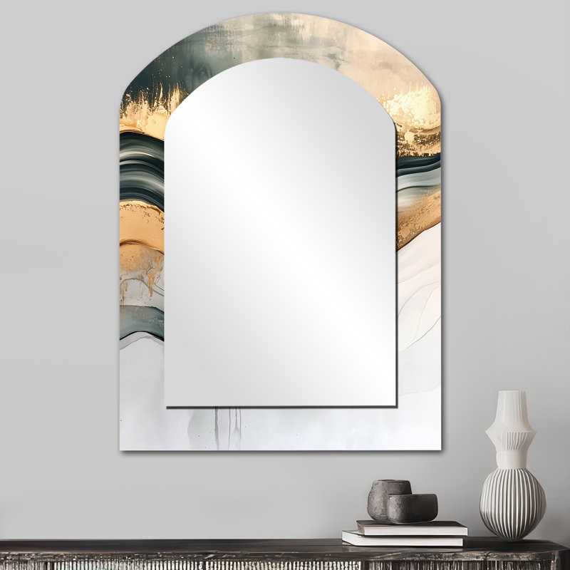 «Silody Melody of Golden Hard Edge Ink II», miroir mural unique à arche de peinture, miroir asymétrique moderne, impression d'art en métal