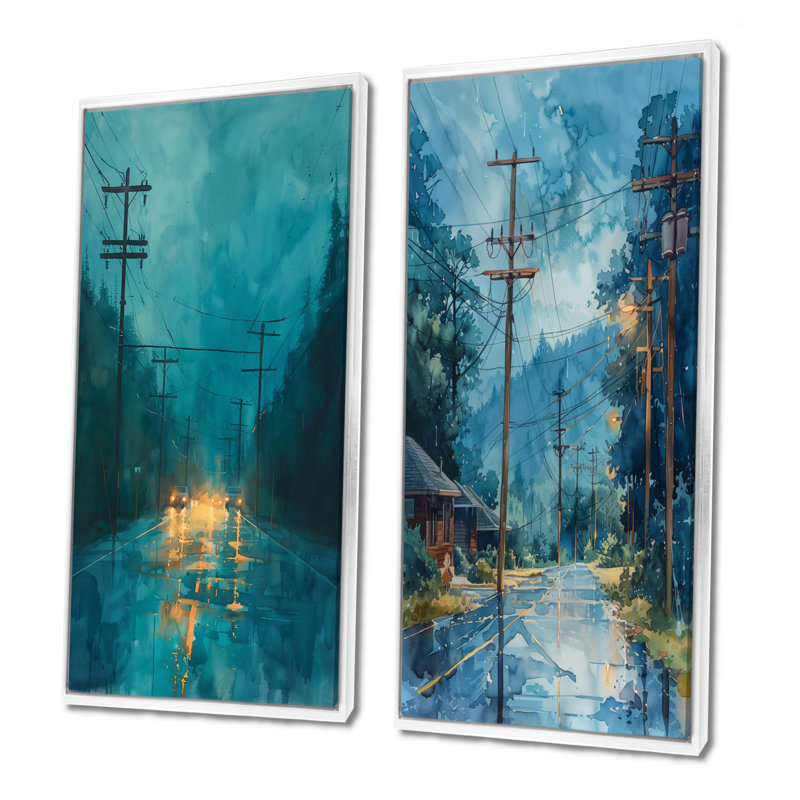 Bleu et jaune Energy Evolution Power Lines I - Ensemble de 2 pièces d'art mural Power Lines, H 28 po x l 24 po, Blanc