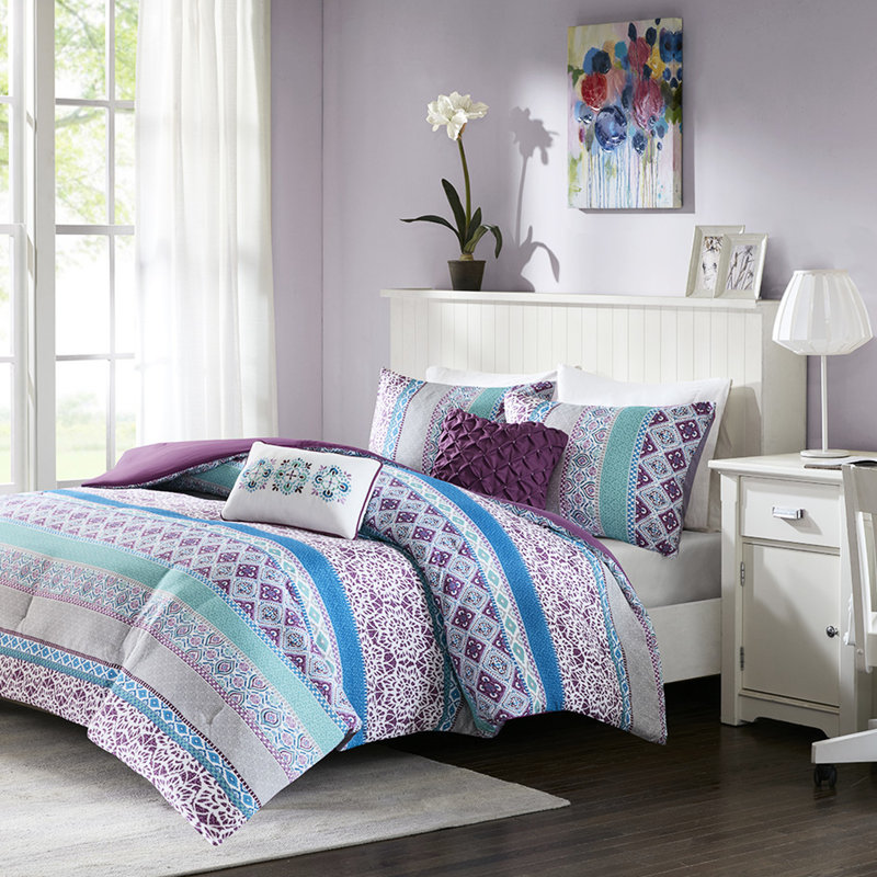 Édredon pour lit double / grand Global, microfibre douce, 2 taies décoratives, coussins décoratifs, chambre mauve avec coussin décoratif Global