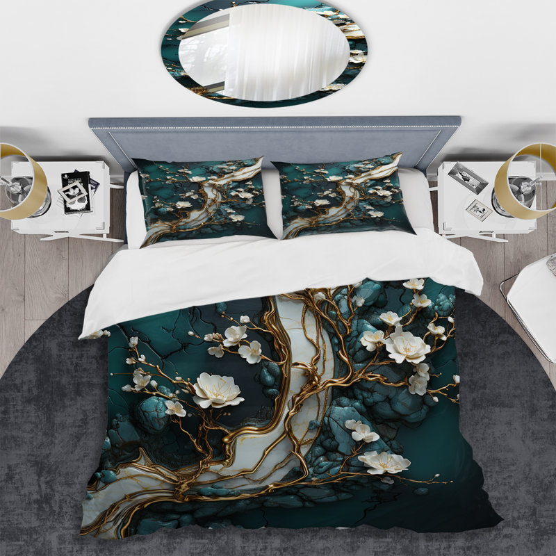 Ensemble de housse de couette Gold and Emerald, Housse de couette pour grand lit et 2 taies décor