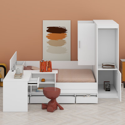 Lit plateforme en bois avec tiroirs, tablettes, bureau et garde-robe