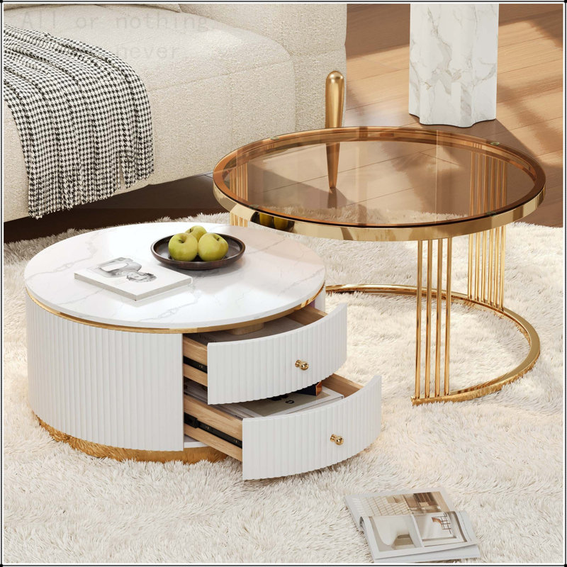 Table basse gigogne moderne 2 pièces avec tiroirs et plateau en verre trempé Modern, Blanc