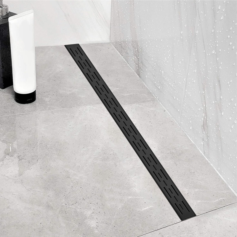 Matte Black Stainless Steel Rectangle Shower Floor Drain,36-Inch Linear Drain With Leveling Feet,Hair Strainer,Removable Bar Pattern Grate