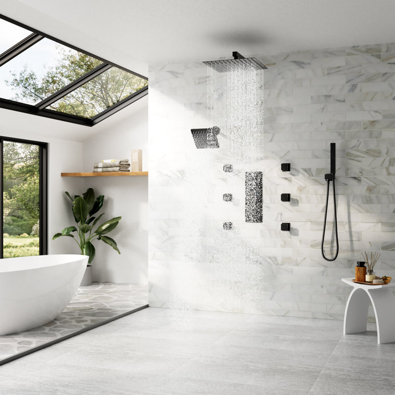 Système de douche thermostatique à 4 fonctions avec pommes de douche à pluie de 12 po et 6 po, 6 jets de corps et douchette