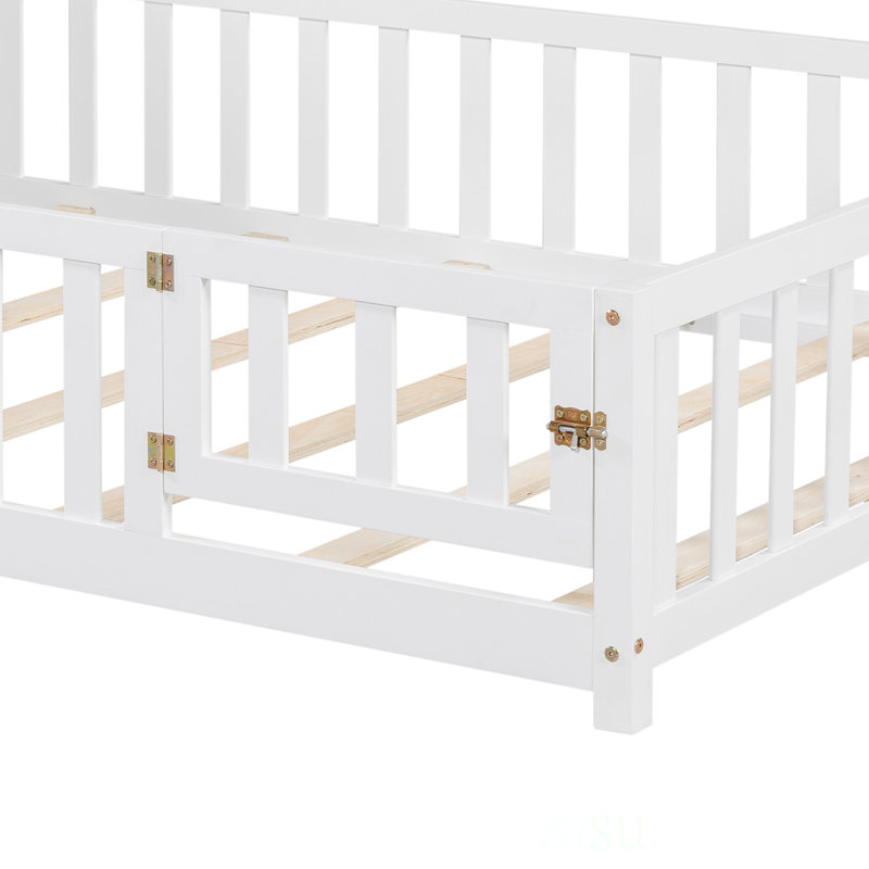 Full-Size Montessori Floor Bed With Bookcases And Blackboards, Versatile Platform Beds With Guard Rails, Solid Wood Storage Headboards For  And Teens