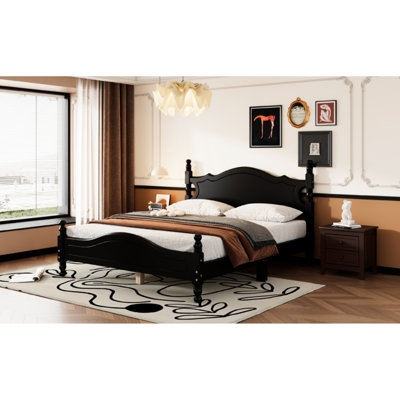 Retro Queen Bed, Black Wood Platform With Strong Slat Base Size Bed Frame, Design, Stability