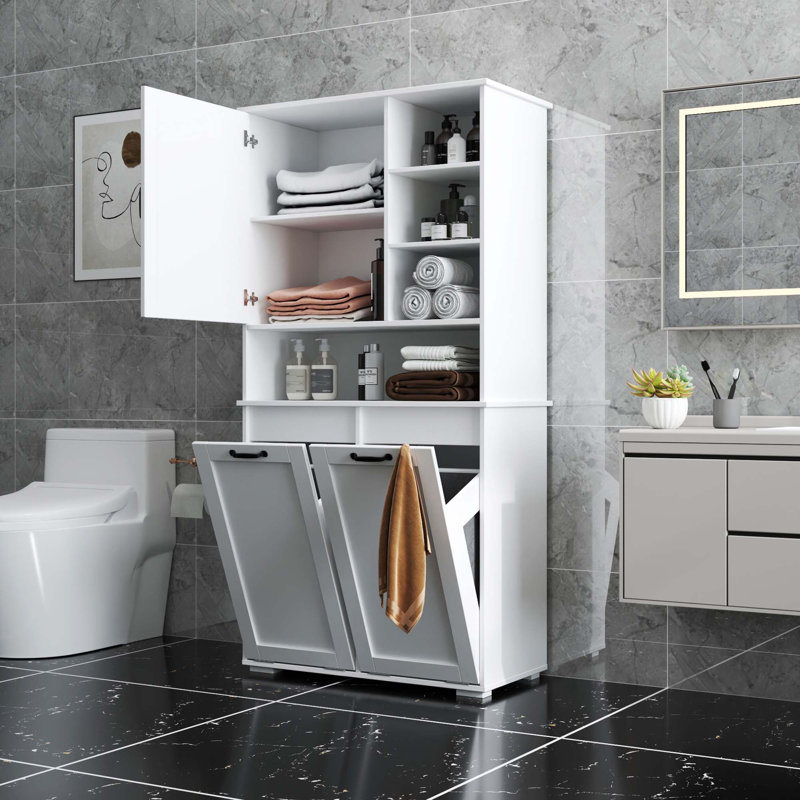 Laundry Cabinet With Doors And Shelf, Tilt-Out Laundry Hamper, Multiple Storage Space, Freestanding Style, Open Shelve, Adjustable Shelf