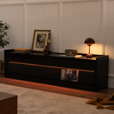 Tv Stand With 4 Ample Storage Compartments, Tempered Glass, Built-In Charging, Led , Suits 70-79" Tvs, Sleek Design Black Console Roomy Drawers, Charging Connections, Lights, Tvs Fit, Elegant Style
