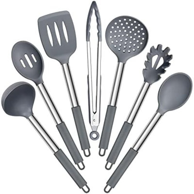 Silicone Cooking Utensils Set, 7-Piece White Kitchen Utensils Set | Heat Resistant Nonstick Cookware with Stainless Steel Handle, Slotted Turner, Spoon, Soup Ladle, Pasta Server, Skimmer, Tongs