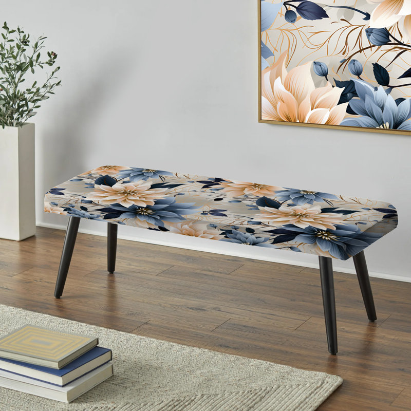 Banc rembourré floral noir, Poinsettia géométrique blanc et bleu