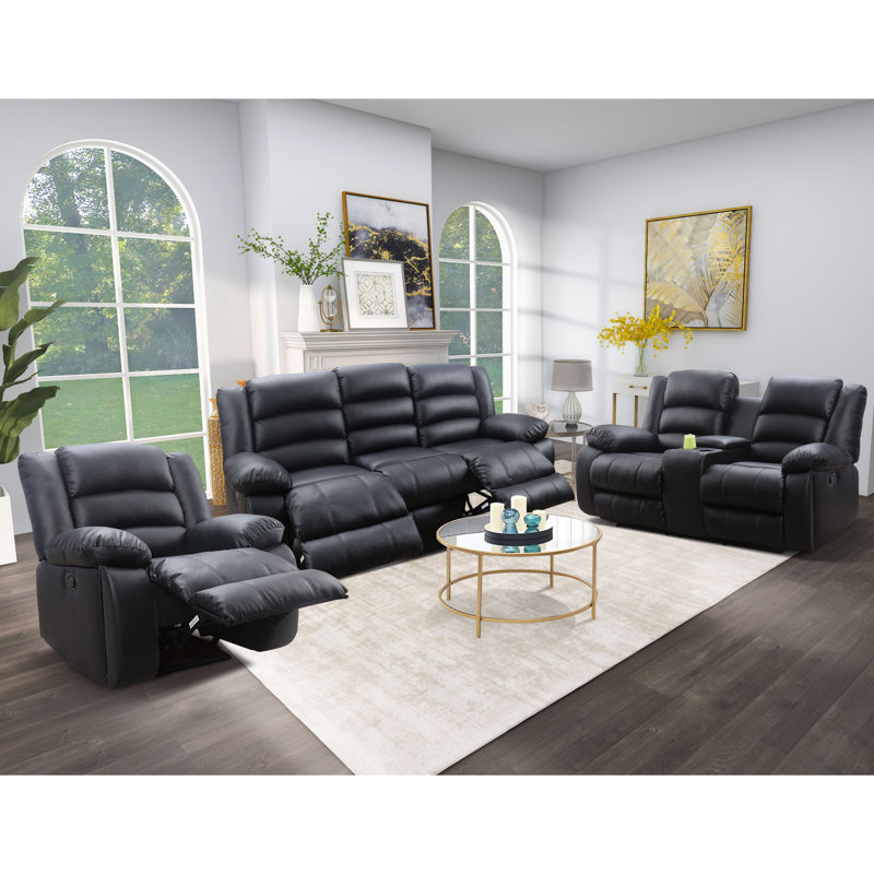 Lamyiah 3-Piece Soft Faux Leather Manual Reclining Living Room Set with Cup Holders and Console, Black