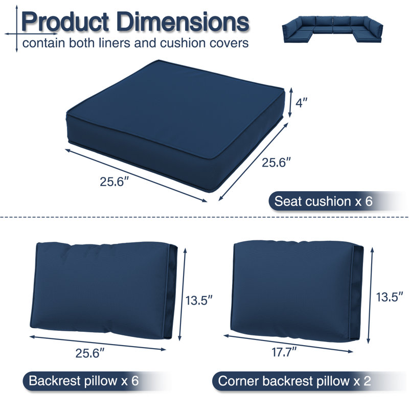 Outdoor 3.5" Thick Replacement Cushion Set – 6 Seat Cushions, 6 Back Cushions & 2 Corner Cushions, Navy Blue 