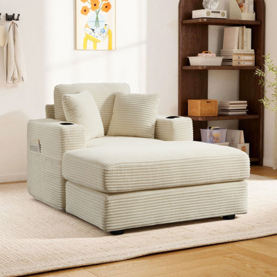 Oversized Corduroy Chaise Lounge Chair with Dual Cup Holders & Side Storage Pockets, Deep Seat Upholstered Sleeper Sofa with 2 Throw Pillows, Modern Accent Lounge Chair for Living Room Bedroom Office