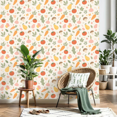 Peel and Stick Wallpaper Vegetables collection set illustrations veggies fruit trendy earthy Contact Paper Removable Self Adhesive Wall Mural Wall Decor for Bedroom Kitchen Cabinets 24in x 118in