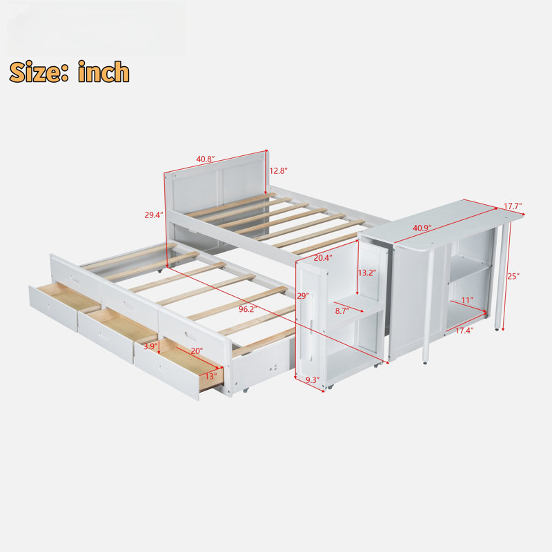 Multifunctional Marksbury With Desk And Storage Shelves, Built-in Trundle And 3 Drawers, White