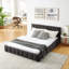 Lit Queen capitonné gris foncé avec rangement et tête de lit confortable - Style moderne - Tiroirs - Tissu doux