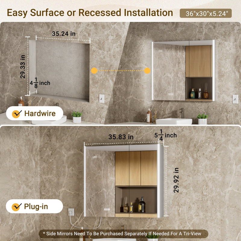 36X30" Smart LED Medicine Cabinet With Fog-Free Mirror – Surface/Recessed Mount, Dimmable Lights, Time Display, Outlet & Sensor Light