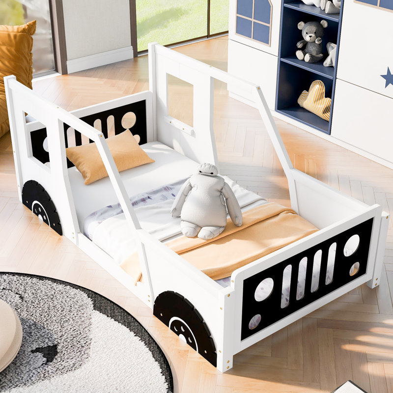 Lit plateforme simple en forme de voiture avec roues, Blanc