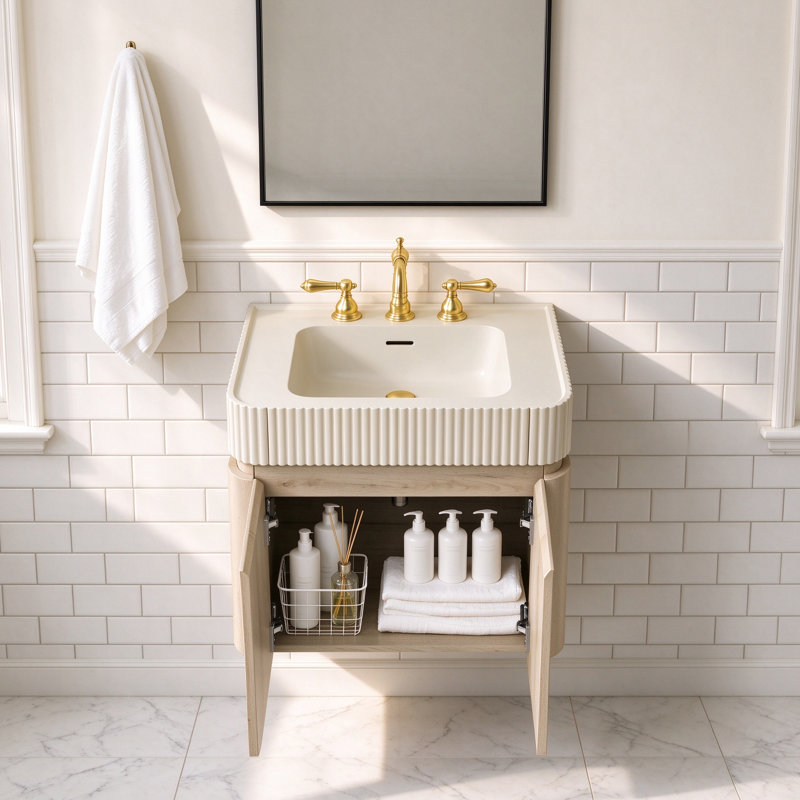 Meuble-lavabo flottant 24 po avec lavabo, meuble de rangement mural, lavabo intégré à surface solide beige crème, perceuse de robinet à 3 trous de 8 po, finition grain de bois de chêne blanc - robinet et drain non inclus