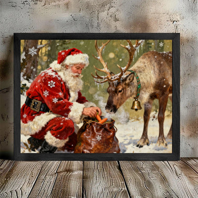 Art mural rétro noir avec père Noël et renne - impression encadrée de scène de Noël enneigée