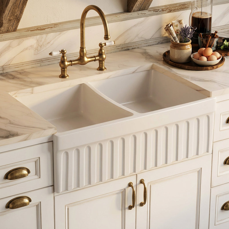 FarmhausQuatro 33" x 20" Double Bowl Front Apron Fireclay Sink, Glossy White