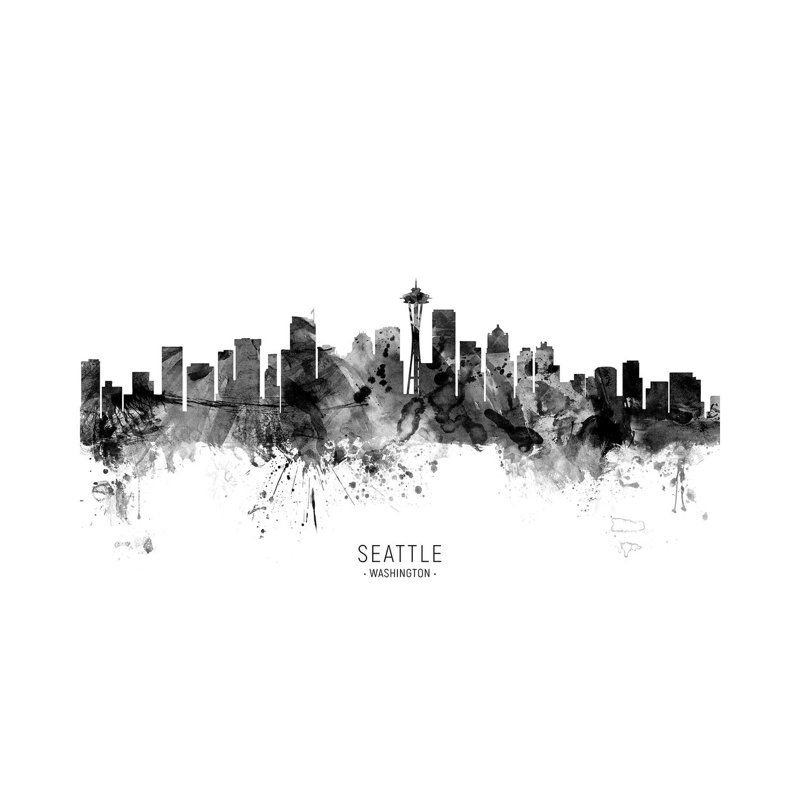 Seattle Washington Skyline Name Bw by Michael Tompsett - 1 Piece Wrapped Canvas Wall Art, 30.48cm H x 45.72cm W