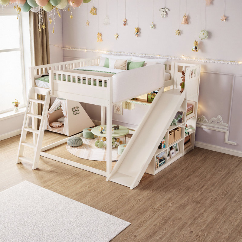 Lit mezzanine pour enfants avec glissade, échelle de rangement et tête de lit tapissier AVELOR, Grand lit, Beige