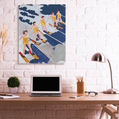 Retro Waterski Women Blue Yellow Watercolor Painting Super Oversized Stretched Canvas Wall Art by Stellar Design Studio