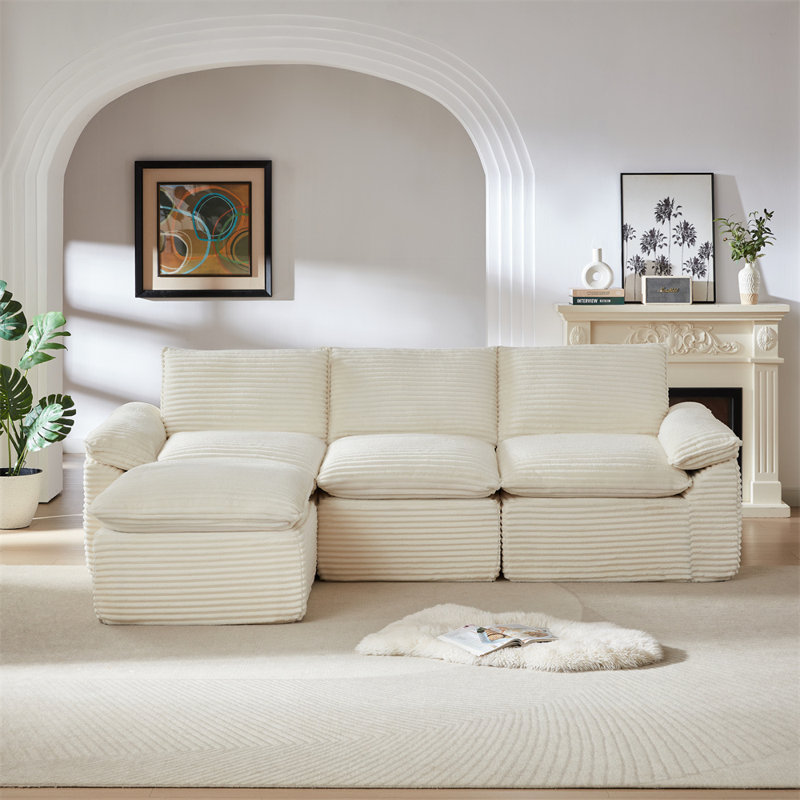 111.03" Modular Sectional, White Corduroy