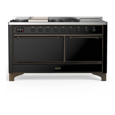 Cuisinière à double combustible 60 pouces avec 7 brûleurs scellés, plaque chauffante et plateau français en noir brillant Majestic III Series (gaz naturel, garniture brunie)