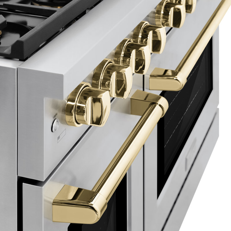 Cuisinière à gaz ZLINE Autograph Edition de 48 po avec 8 brûleurs ZLINE, Gaz naturel, Gris / doré poli