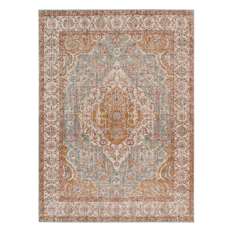 Tapis moutarde / bleu mer Botolphus, Rectangulaire 9 pi 10 po x 13 pi 10 po