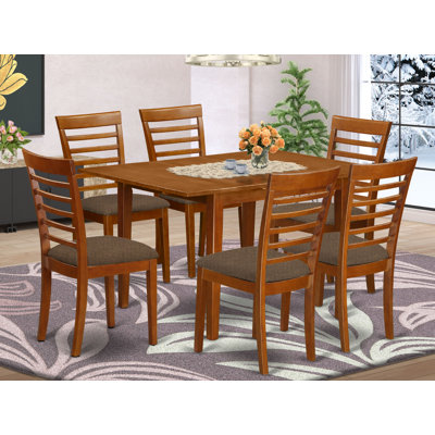 7 Piece Kitchen Table Set Consist of a Rectangle Dining Table with Butterfly Leaf and 6 Linen Fabric Dining Room Chairs, Saddle Brown