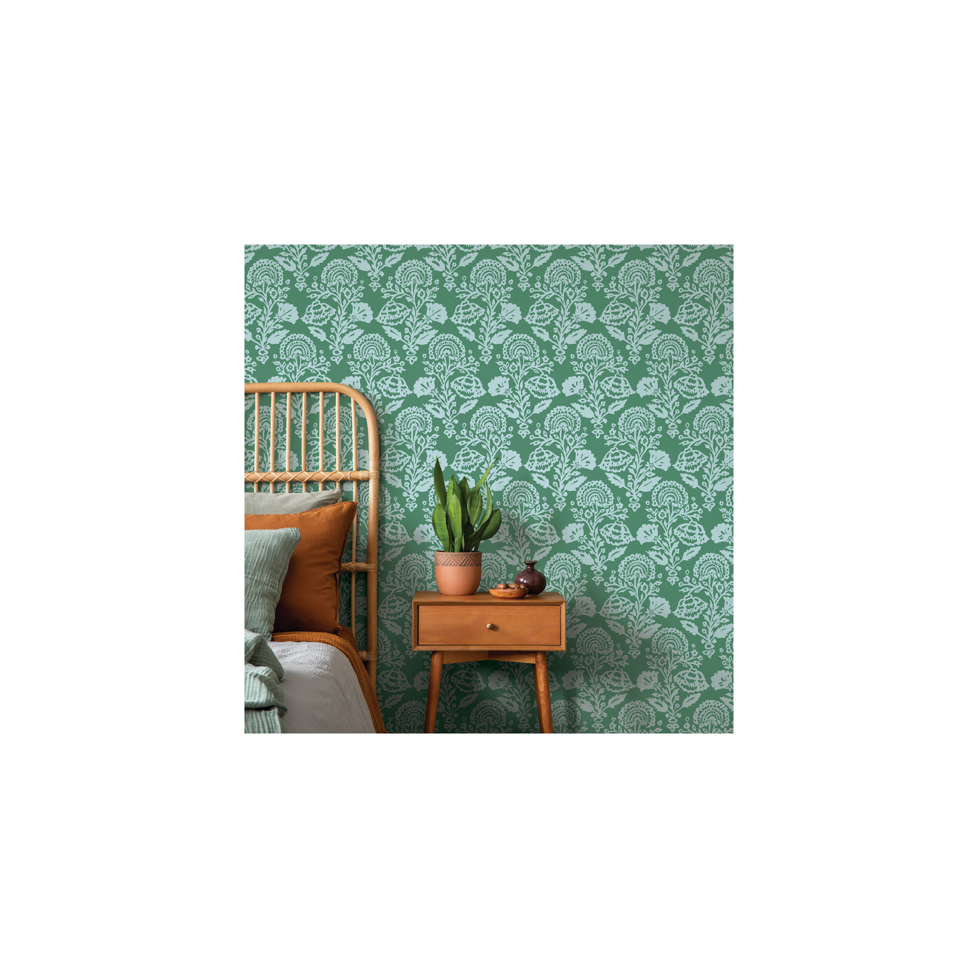 Floral Damask Peel and Stick Wallpaper, Green