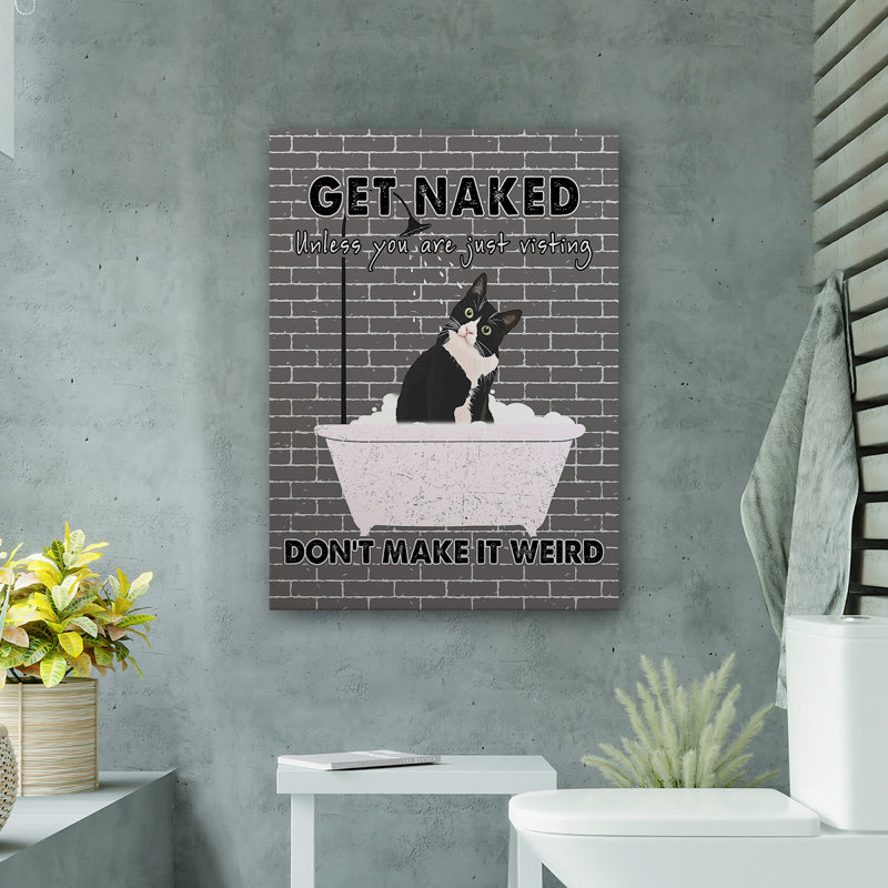 Chat noir dans le bain noir - Toile tendue avec la galerie «Get NUE» - Illustration de salle de bain et de lessive, noir, blanc et gris