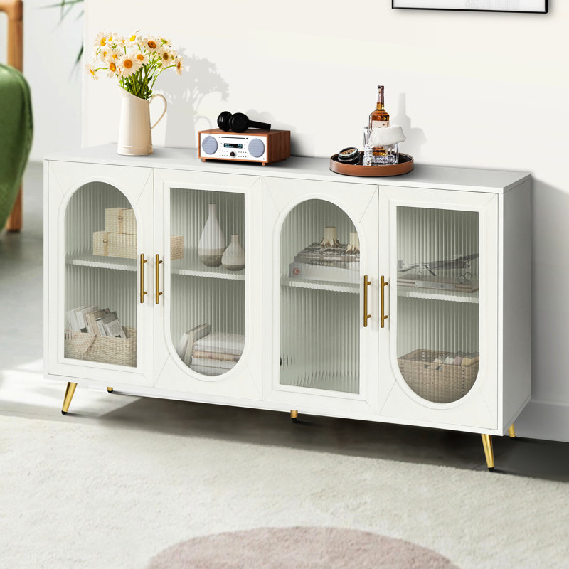 Thanatos 4-Glass Door Faux Wood Storage Cabinet, Antique White