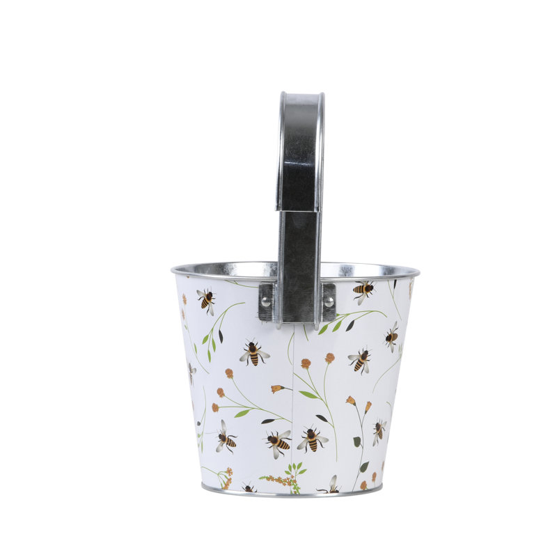 Bee Print Round Zinc Flower Pot with Hook