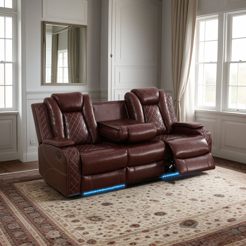 Canapé inclinable électrique en cuir 83,5 po avec table rabattable centrale, Rouge