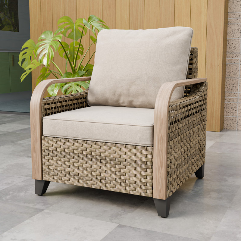 Chaise longue d'extérieur brun avec accoudoirs en osier et grain de bois avec coussin, Gris