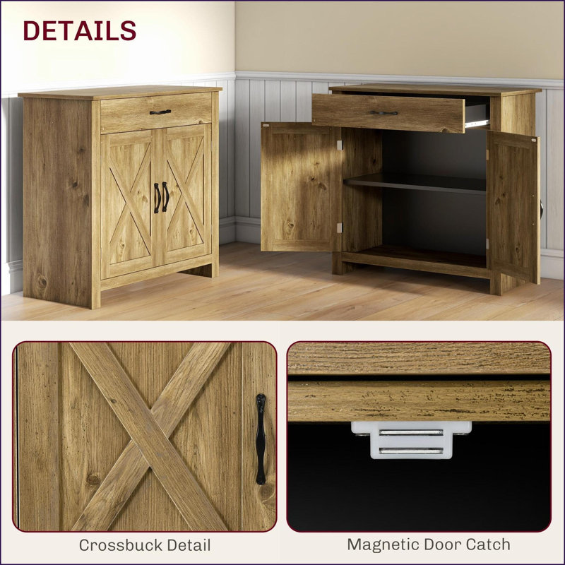 Sideboard Buffet Cabinet, Farmhouse Natural Wood with Barn Doors, Drawer &amp; Adjustable Shelf | MDF | Particleboard, Brown