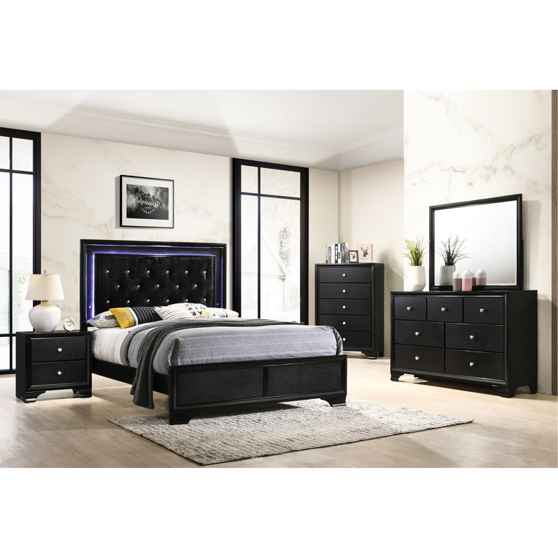 Lit double tapissier à finition noire avec tête de lit à DEL et pieds en faux diamant