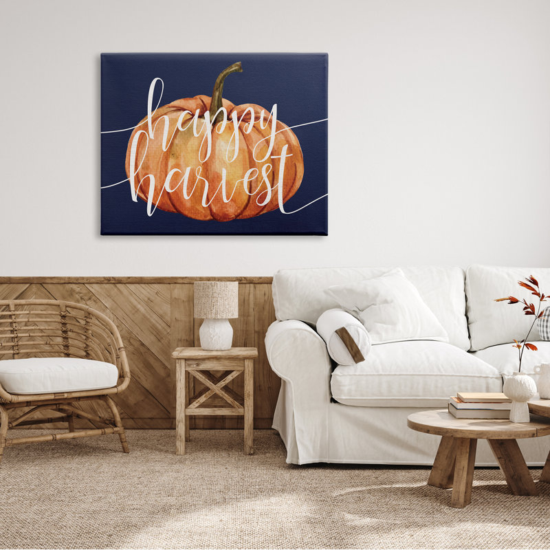 «Happy Harvest Expression Orange Pumpkin Over Blue» par - Art textuel, Plaque murale, H 36 po x l 48 po